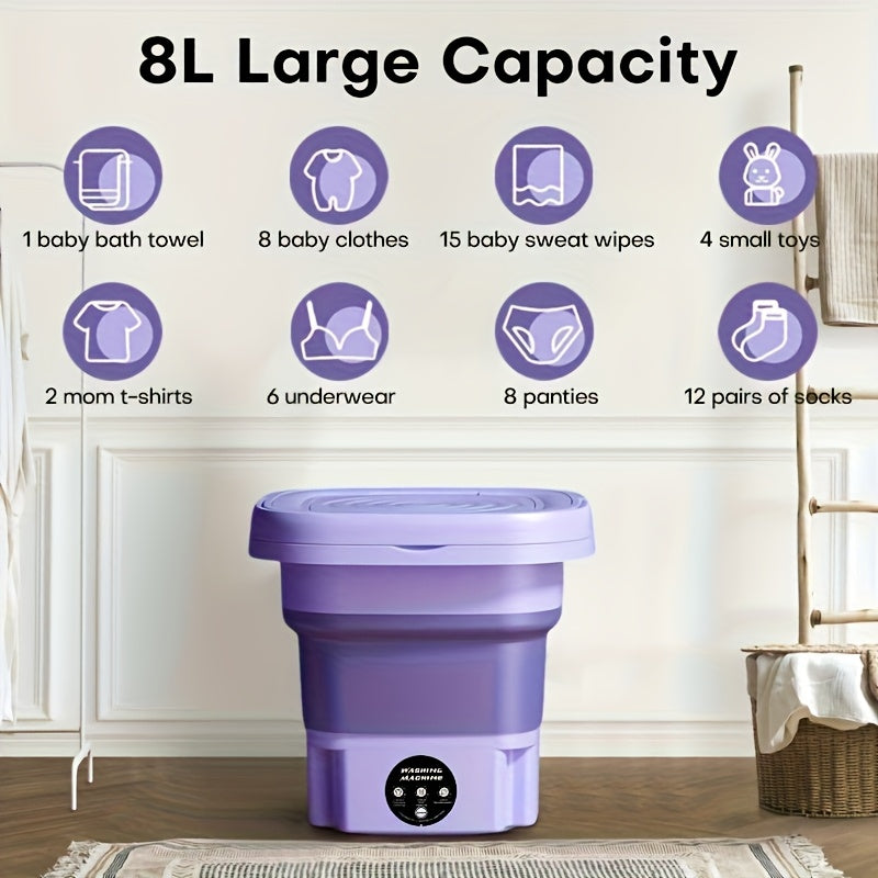 Collapsible Mini Laundry Washer, Purple Foldable Washing Machine with Listed 2.11gal Volume, 3 Modes and Soft Spin Function for Suitable Small Garments