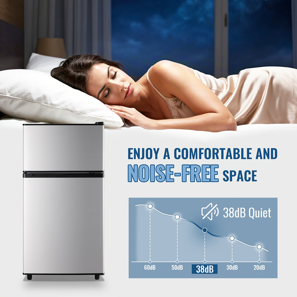 Two-Door Compact Fridge with Freezer, Silvery 2.5 or 3.5 Cu Ft Options with Seven-Level Thermostat and Removable Shelves for Dorm, Office and Bedroom Storage