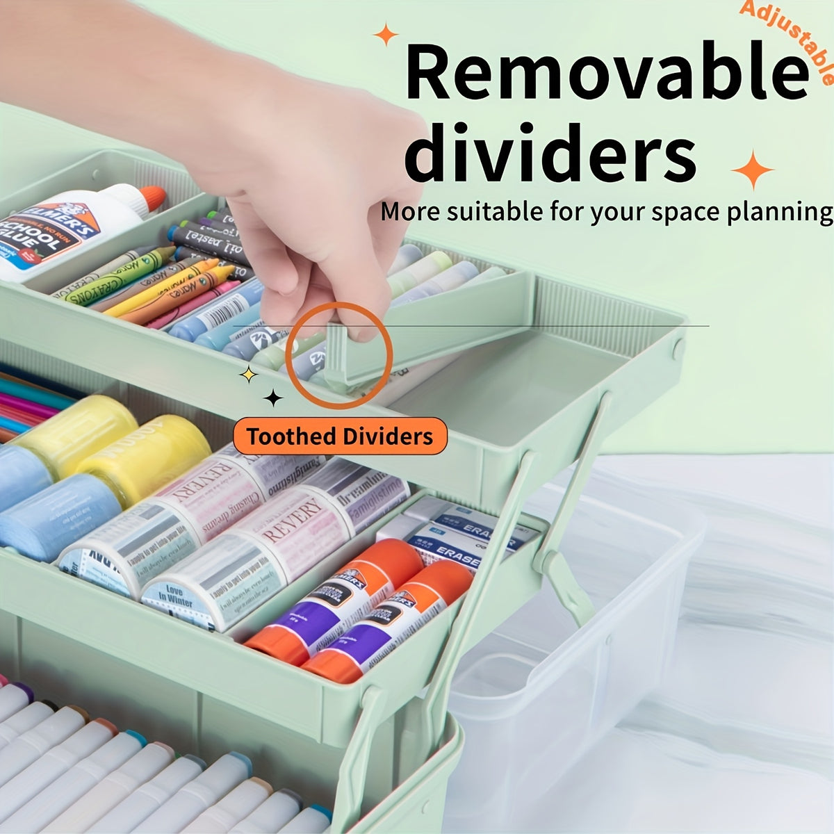 Folding Craft Storage Box with Listed Three-Layer Adjustable Design and Transparent Lid, Portable Organizer for Sewing Tools, Art Supplies and Scrapbooking Materials