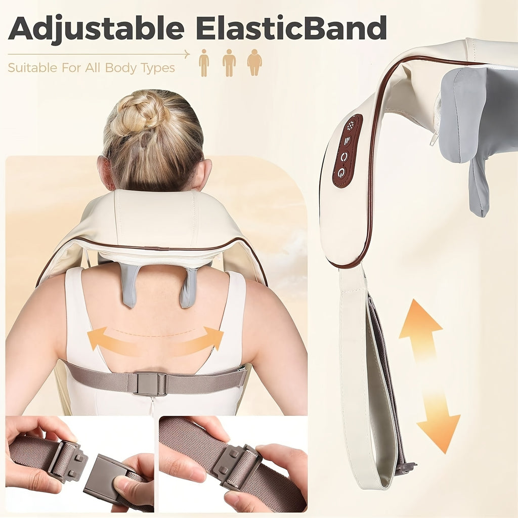 Six-Node Kneading Neck Massager with Listed Heating and Wireless Shiatsu Design, Beige or White Personal Massage Device for Instruction-Guided Comfort Routines