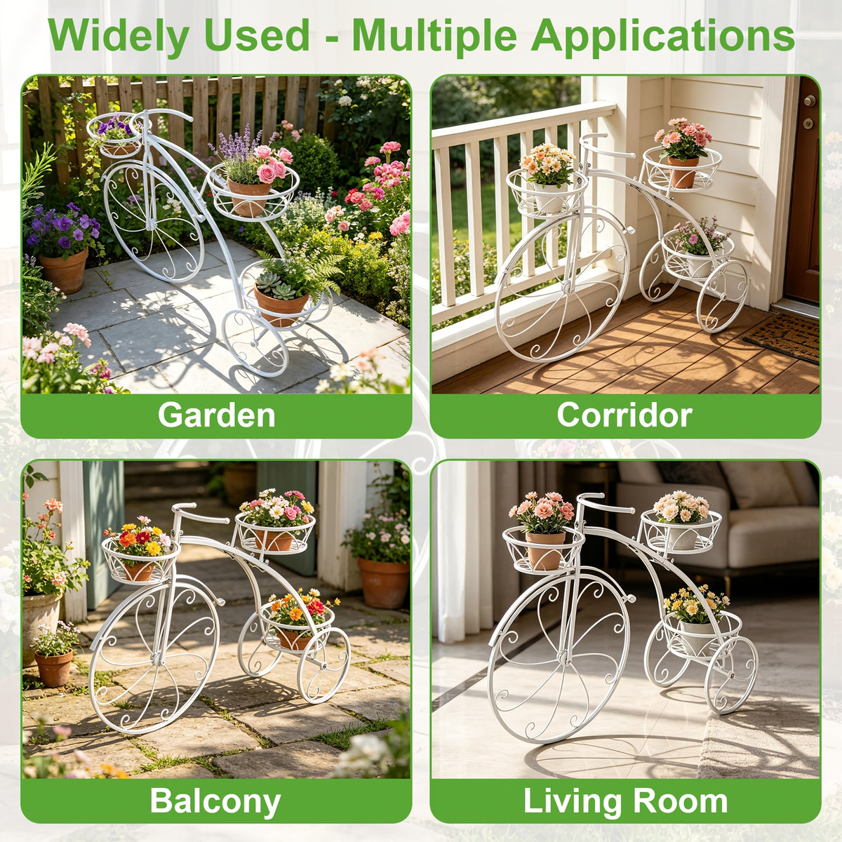 Tricycle Plant Stand in Black or White with Three Iron Pot Holders, Decorative Bicycle Flower Display with Fixed Wheels for Home and Suitable Patio Spaces