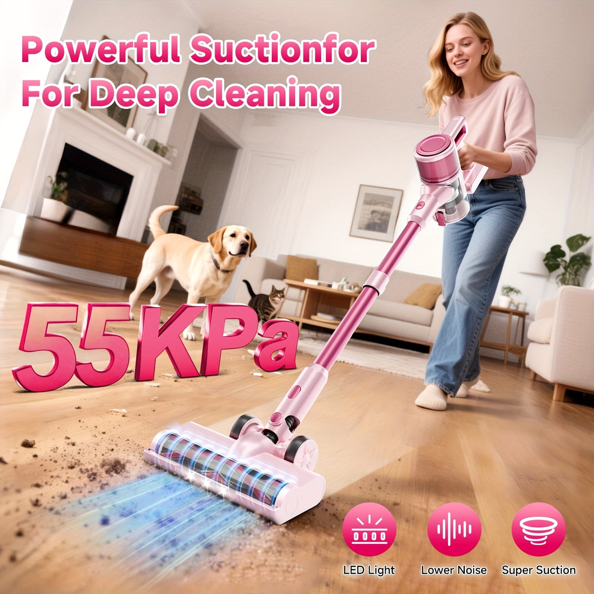 LED-Lit Convertible Stick Vacuum with Listed 55kPa Suction, Handheld Cleaning Format and Nine Color Labels for Compatible Floors, Carpets and Pet Hair Cleanup