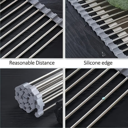 Roll-Up Dish Drying Rack, Stainless Steel Over-the-Sink Draining Mat in Black or Gray, Single-Piece Rollable Kitchen Rack for Tableware and Fruit