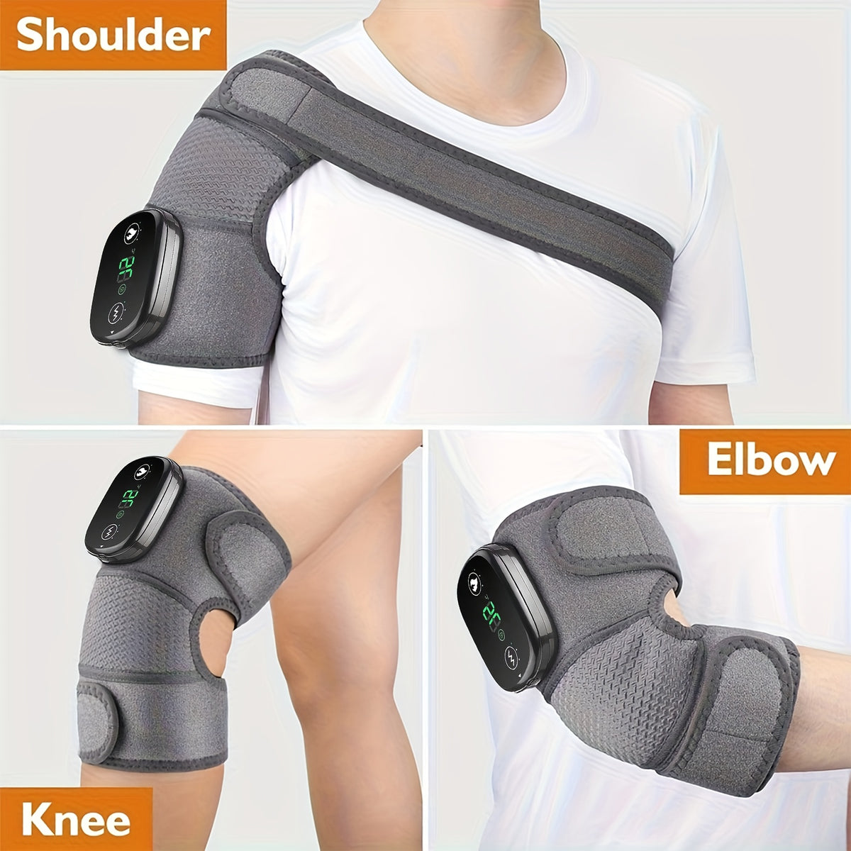 USB Rechargeable Knee Massager with Adjustable Heat and Vibration, Portable Gray Heated Pad with Listed Shoulder and Elbow Uses, One- or Two-Piece Options