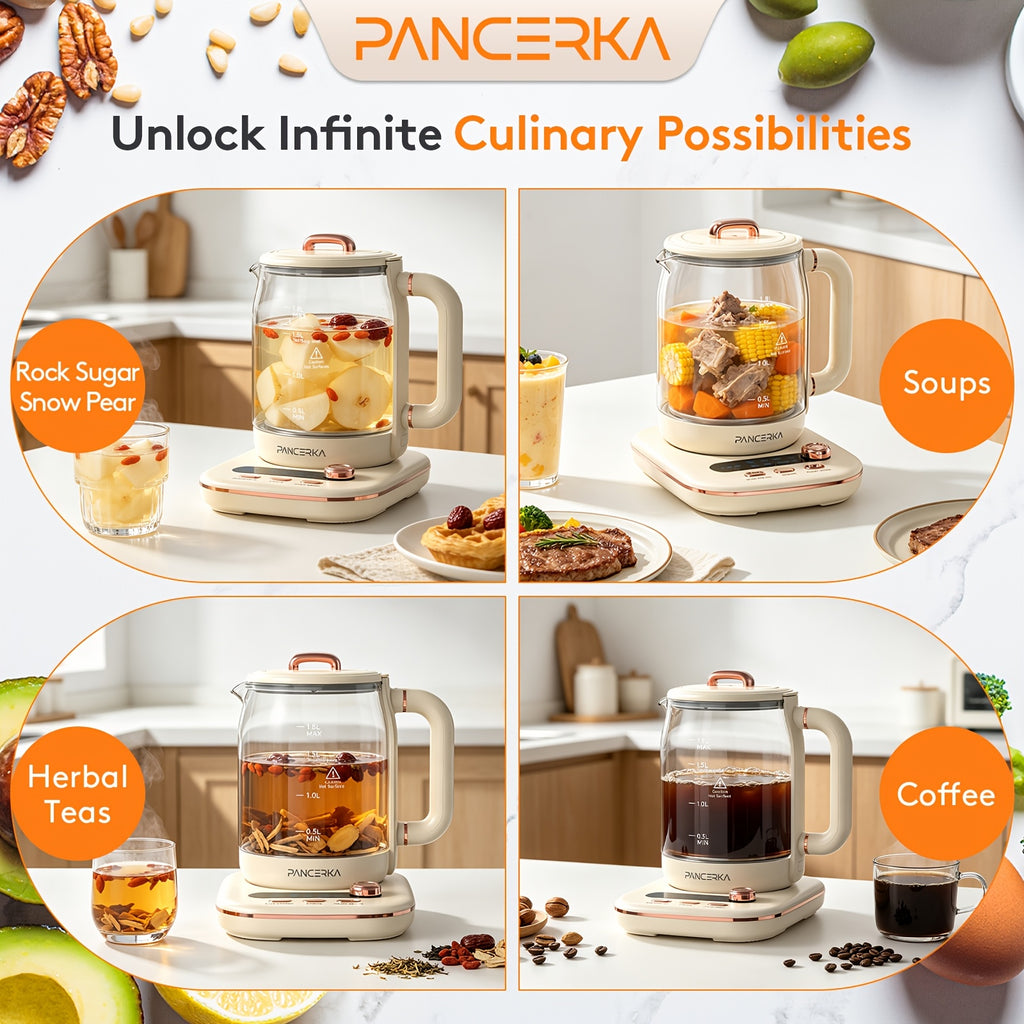 Electric Glass Tea Maker by PANCERKA, 1.8L Multifunction Kettle with Infuser and Detachable Filter in Beige for Home Tea Brewing & Kitchen Use