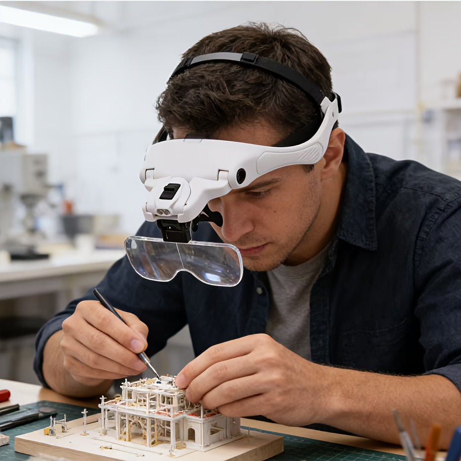 LED Head Magnifier in White with Adjustable Headband and Five Interchangeable Lenses from 1X to 3.5X for Reading, Jewelry Crafts, Models and Detail Inspection