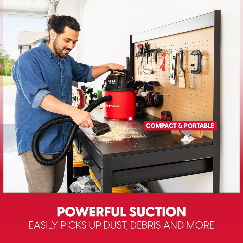 Vacmaster Wet Dry Vacuum Cleaner, 2.5 Gallon Portable Shop Vacuum with Listed 2 Peak HP, Blower Function, Wall-Mount Design and On-Board Storage for Home Cleanup