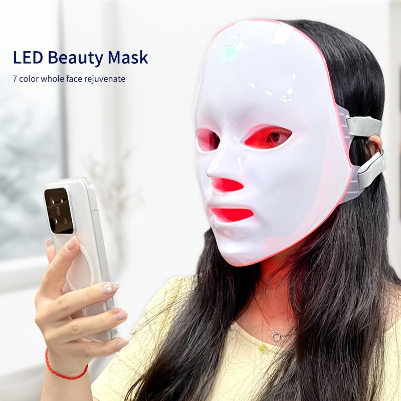 USB-Charging Facial Beauty Mask in White with Listed Seven-Color Design, Portable Personal Skin-Care Instrument for Home Routines and Thoughtful Gift Ideas