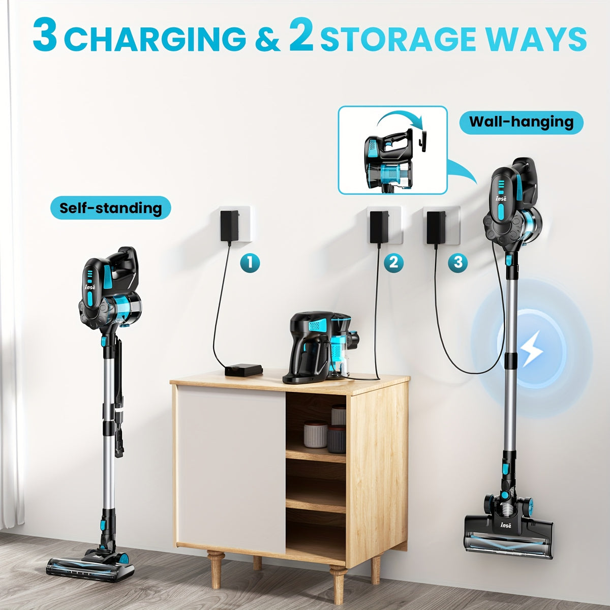 29kPa Portable Vacuum Cleaner by INSE with LED-Lit Nozzle and Listed Attachments for Pet Hair, Carpet, Wood Floor and Car Interior Cleanup in Three Color Options