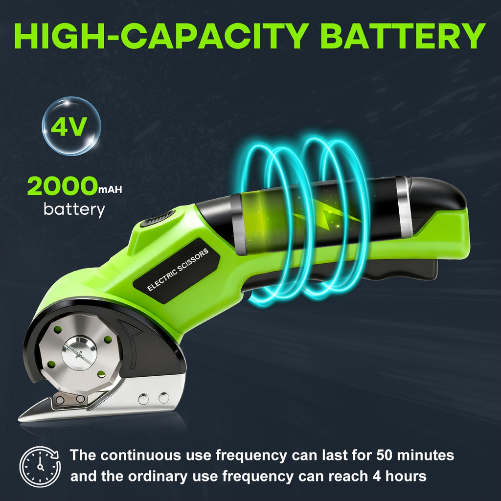 Cordless Electric Scissors in Green with Listed 4V Power, 2000mAh Battery, Three Rotary Blades, Safety Lock and USB Cable for Compatible DIY Cutting
