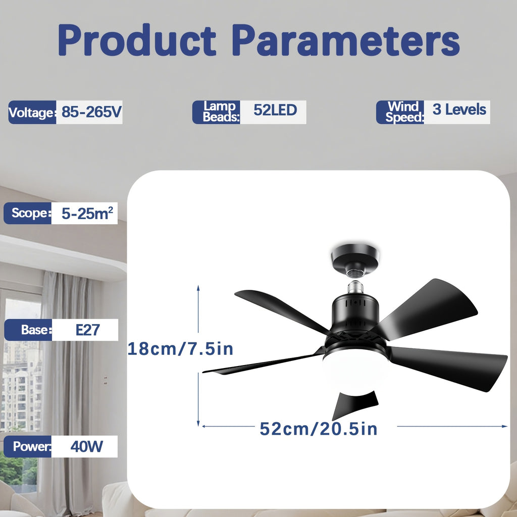 Black Screw-In Socket Fan Light, 20.5-Inch Ceiling Fan with Remote and Dimmable LED, Listed 2000 Lumens and Three 3000K–6500K Light Tones for Home Rooms