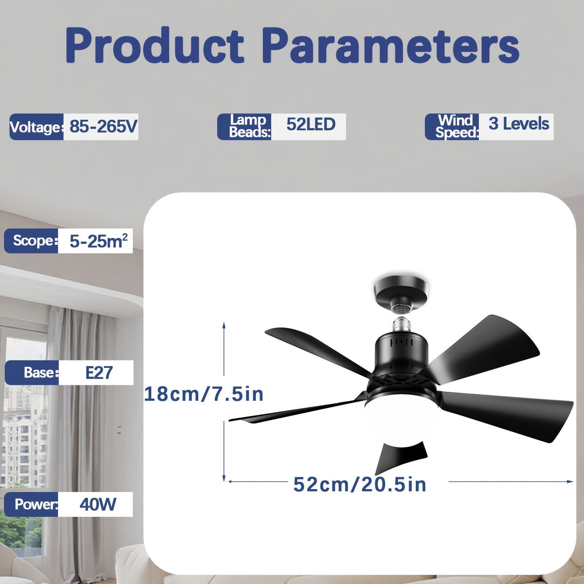 Black Screw-In Socket Fan Light, 20.5-Inch Ceiling Fan with Remote and Dimmable LED, Listed 2000 Lumens and Three 3000K–6500K Light Tones for Home Rooms