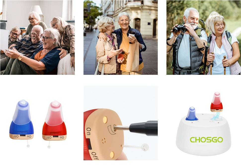 In-Ear Rechargeable Hearing Amplifier Pair with Listed Charging Case, K19RC and K19S Model Labels in Beige, RedBlue or Black for Adult Device Comparison