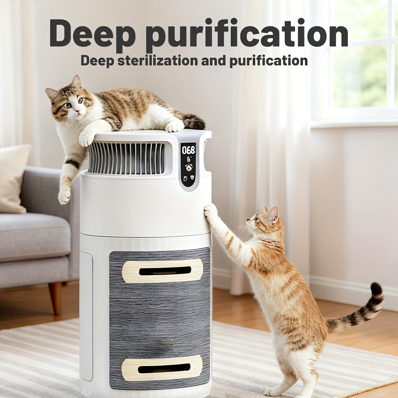 Pet Air Filter with Cat Scratcher and Rest Platform, White Three-in-One Design with Listed Remote Control, Auto Mode and Pet Lock for Cat-Owner Homes