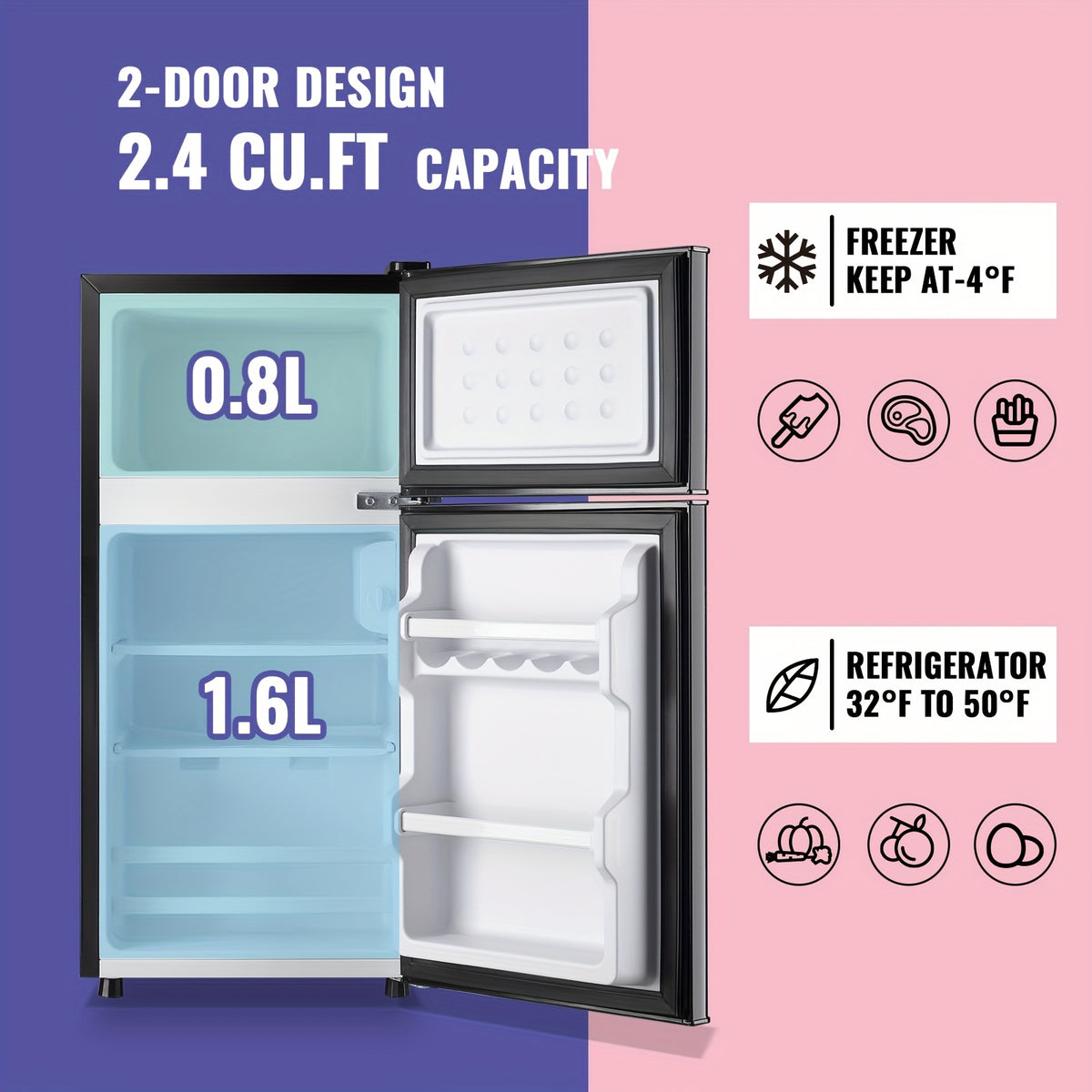 Double-Door Mini Refrigerator by DEMULLER with Listed 2.4 Cu Ft Capacity, Top Freezer, Two Removable Plastic Shelves and Adjustable Feet for Apartments and Dorms