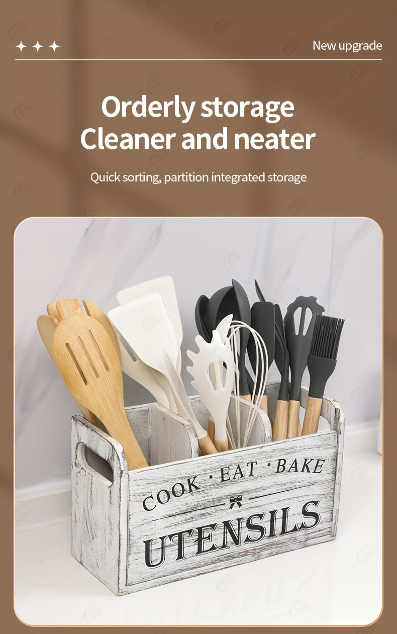 Wooden Kitchen Utensil Holder by LDQ, Rustic Countertop Organizer in Black or White with Two-Compartment Options for Forks, Spoons and Whisks