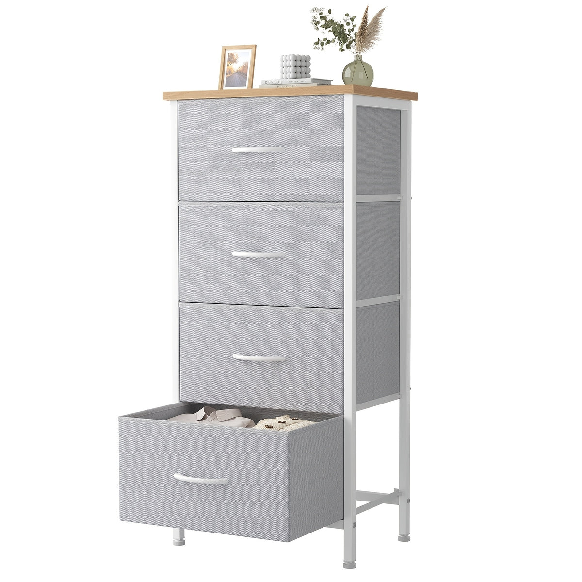 Four-Drawer Fabric Dresser Organizer with Listed Steel Frame and Wood Top, Home and Closet Storage Chest in Neutral, Green, Blue, Pink and Flower Style Options