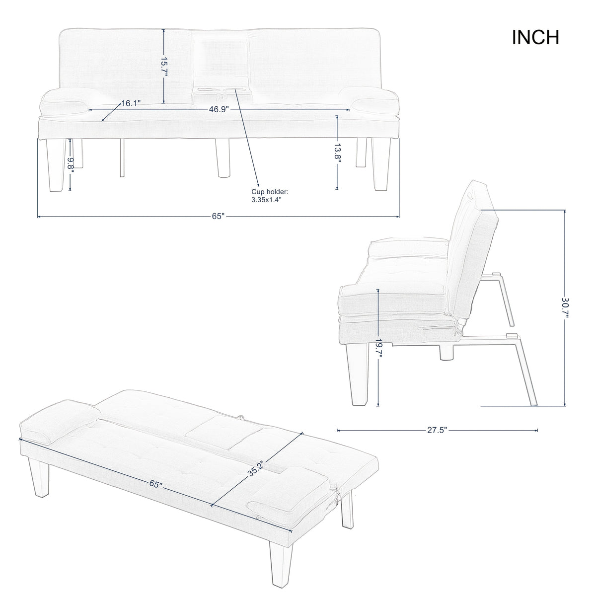 Foldable Sofa Bed with Frame and Fabric Upholstery, Gray Black or Blue Convertible Seating for Apartment Living Rooms, Dorms and Studio Furniture Layouts