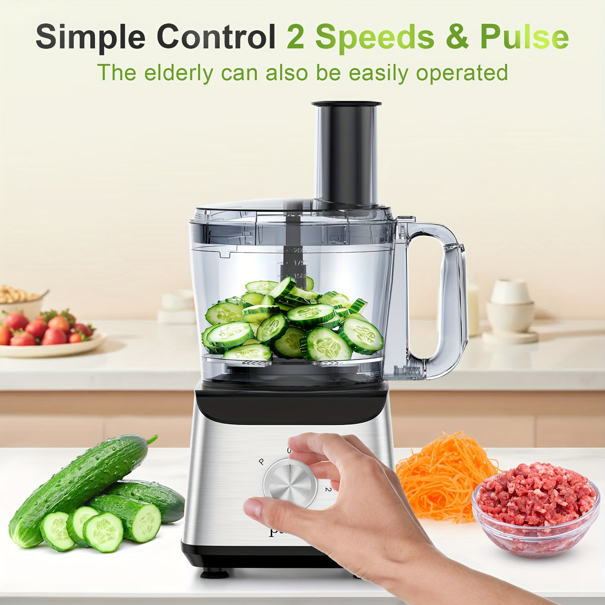 600W Food Processor with 12-Cup Bowl, Food Chute and Pusher, Listed Chopping, Slicing, Shredding, Puree and Dough Functions in Black or Silvery