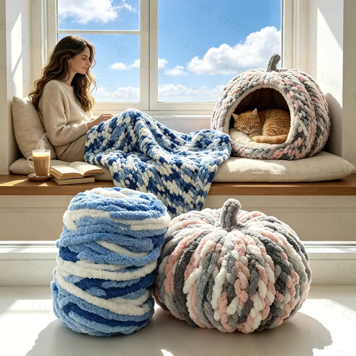 Chunky Chenille Yarn for Arm Knitting and Crochet, 750g Polyester Bulky Yarn with Ombre and Solid Style Options for DIY Blankets, Cushions and Handmade Gifts