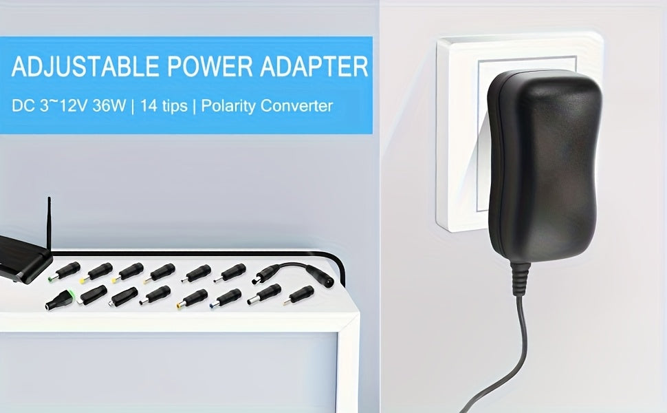 36W Universal AC/DC Power Adapter Adjustable 3V-12V Power Supply with 14 Interchangeable Tips, Polarity Converter, Over-Current Protection for Household Appliances, LED Strips, Routers, Cameras, 3D Printers and Electronics
