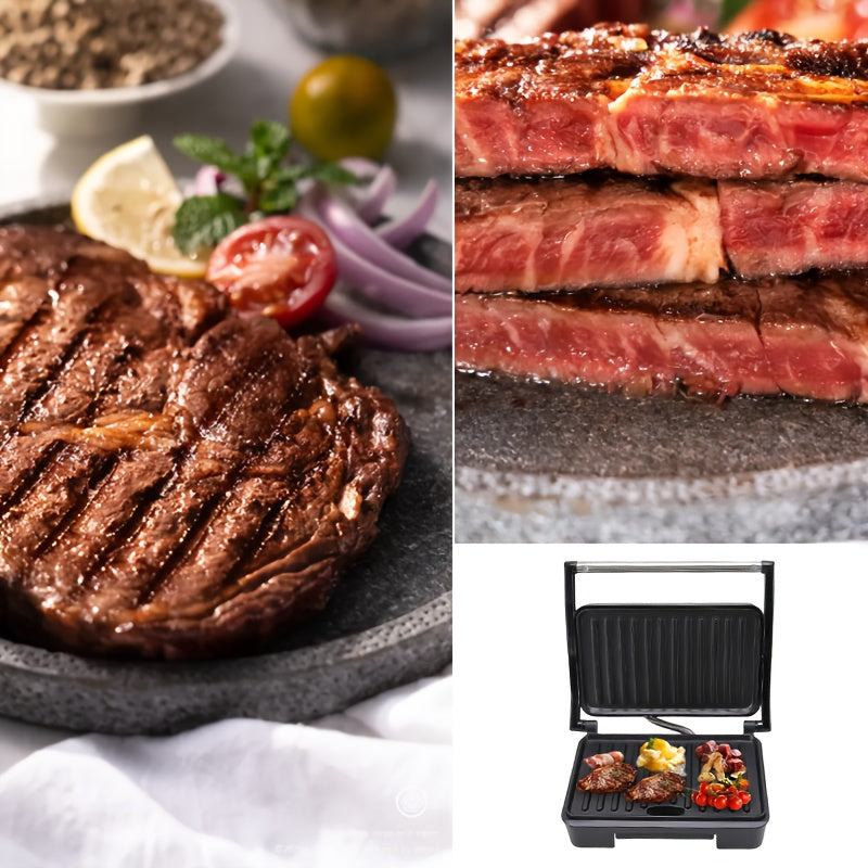 Double-Sided Electric Grill with Black Square Design and Listed Upper and Lower Heating, Panini and Sandwich Cooking Wording for Everyday Home Kitchen Meal Preparation