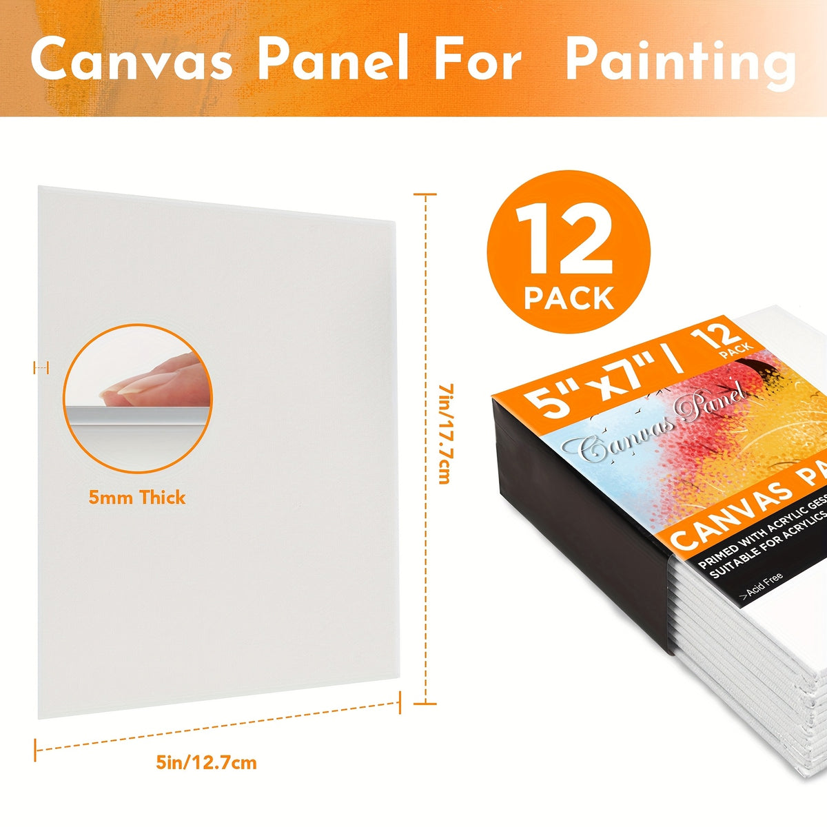 Canvas Boards with White Acrylic Gesso-Primed Cotton Surface, 12 or 24 Piece Flat Painting Panel Options for Artist Practice, Color Studies and Craft Projects