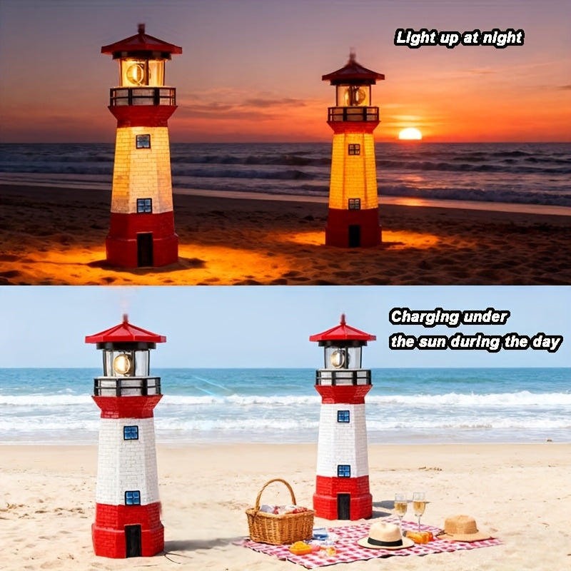 Rotating LED Solar Lighthouse with Built-In Solar Panel and Automatic Night Lighting Wording, Upgraded Model Label for Nautical Garden and Patio Decoration