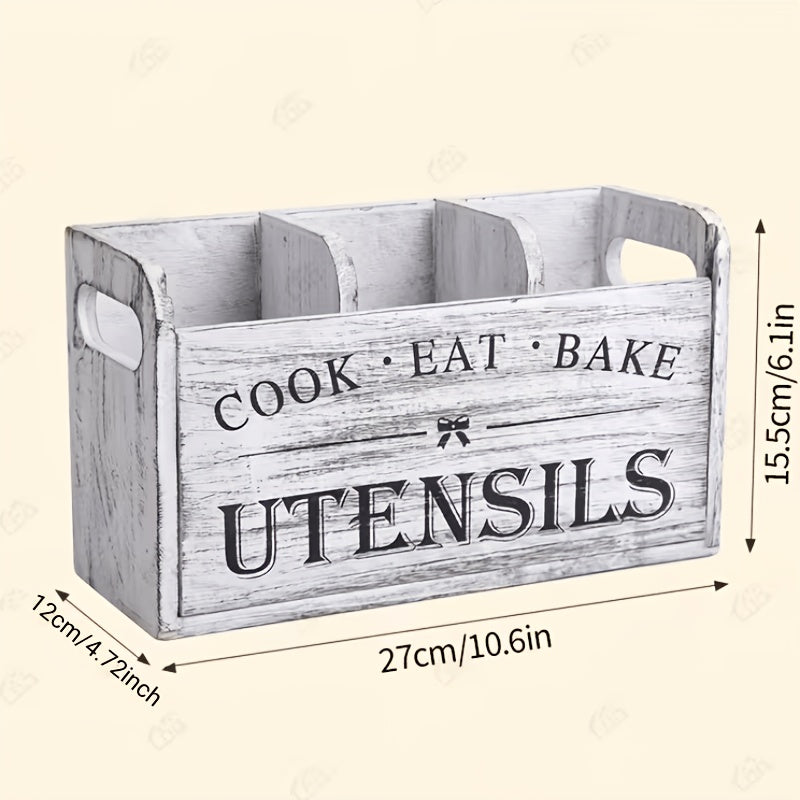 Wooden Utensil Organizer by LDQ with Rustic Styling, Grey White Selection and Grey White or Black Four-Compartment Options for Cooking and Baking Tool Storage