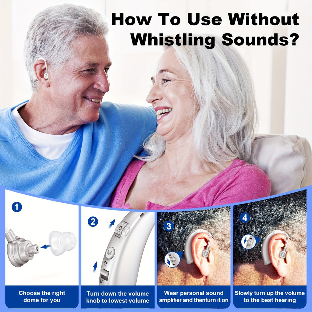 BTE Rechargeable Hearing Aids Pair with Three Frequency Modes, Four Volume Levels, USB Charging and Eight Domes in Silvery, Brown or Blue
