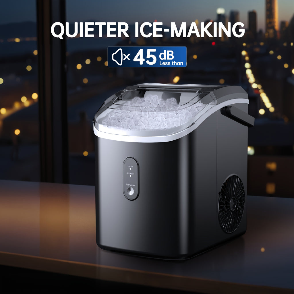 Lighted Countertop Nugget Ice Maker with Automatic Cleaning, Listed Black 37lb or Sliver 44lb Option Labels, Ice Scoop and Basket for Home Kitchen Drinks