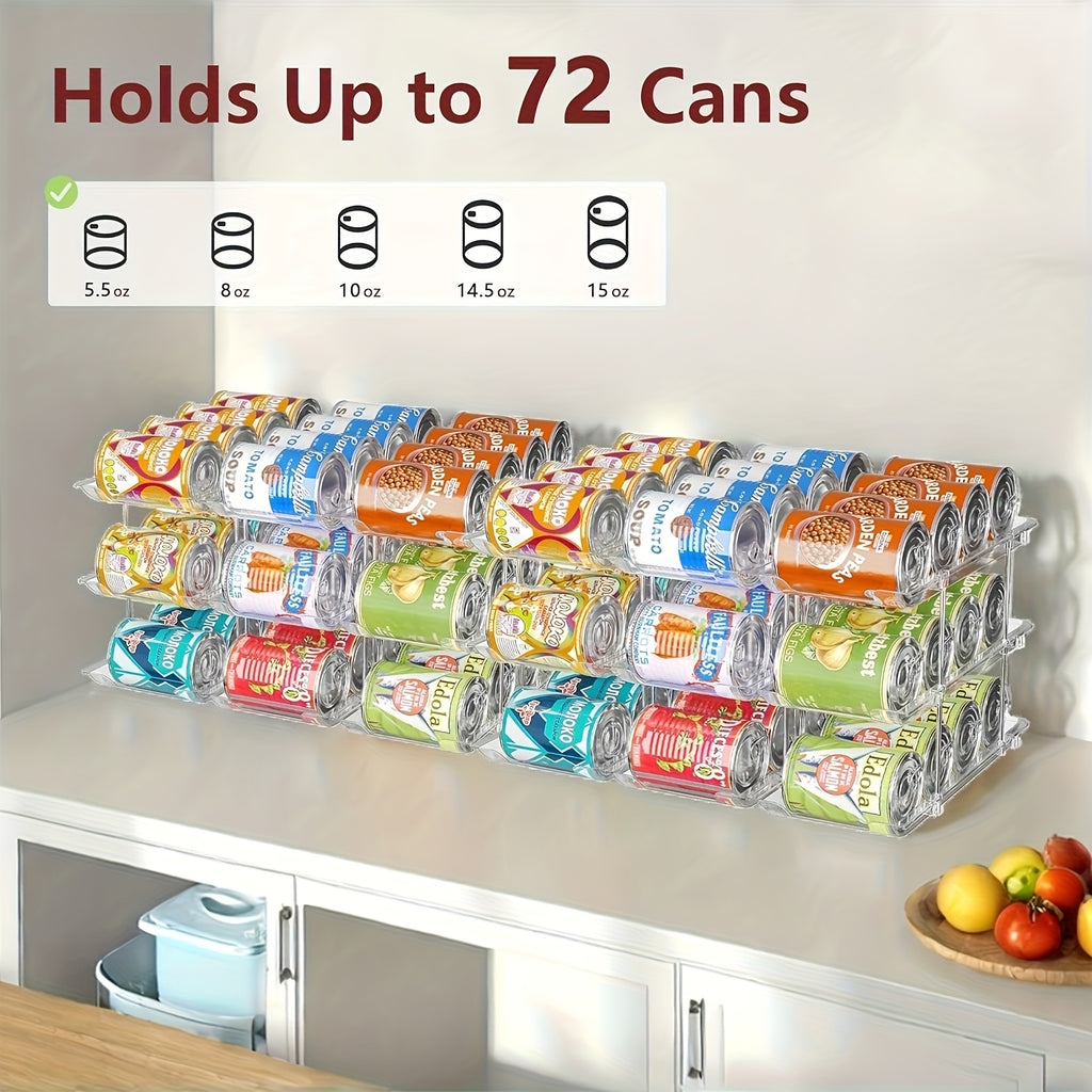 Three-Tier Can Organizer Rack, Clear Plastic Stackable Rolling Storage for Soda and Canned Foods, 3 Layers-3 Sets Option with Listed 36-Can Capacity Reference