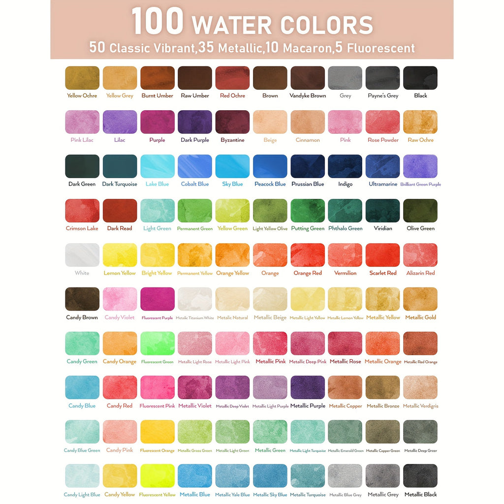 Watercolor Paint Starter Set, 100, 128 or 168 Color Options with Metallic, Macaron and Fluorescent Shades, Brushes, Watercolor Paper and Palette