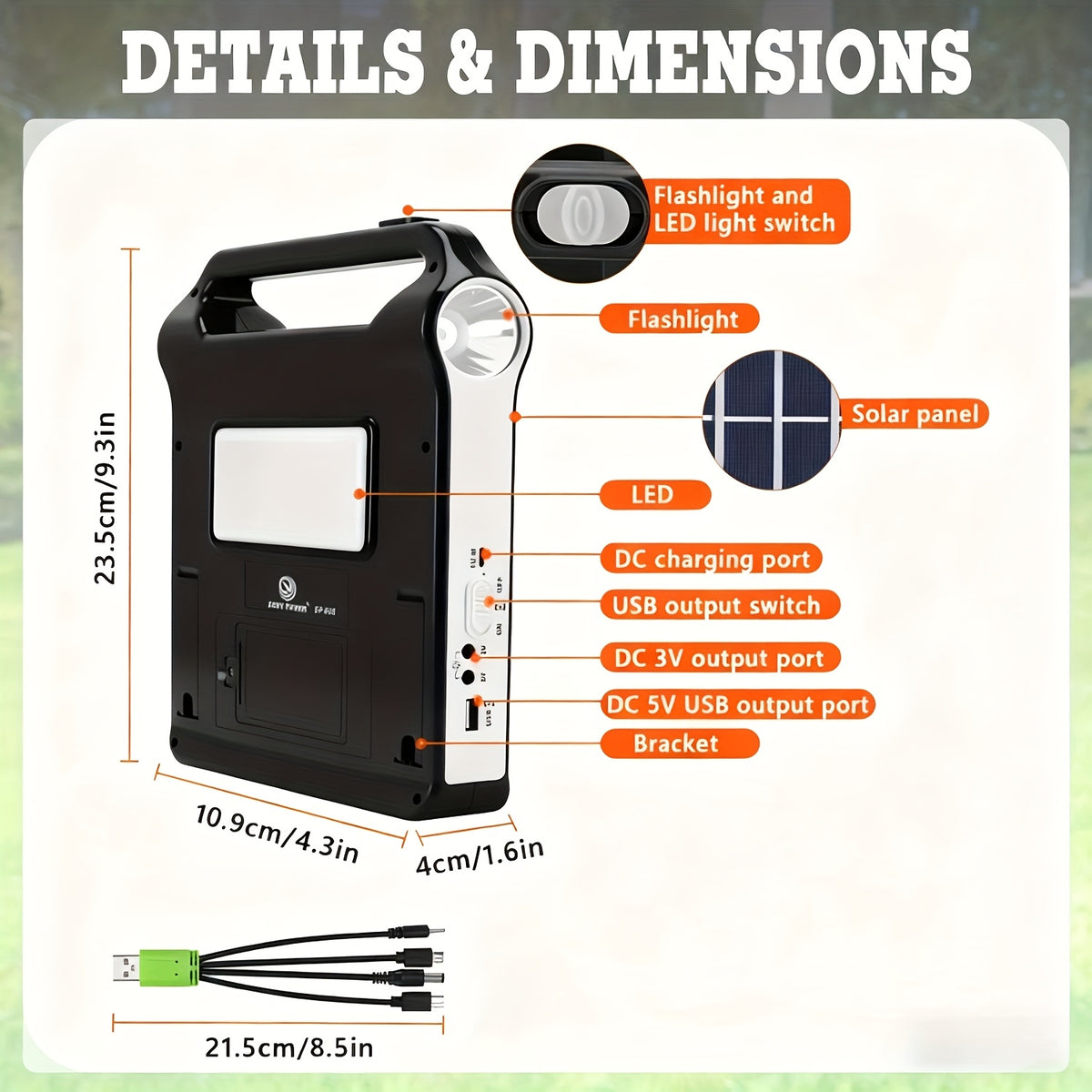 Portable Solar Power Storage System in Black, Rechargeable Lithium Battery and USB Charging with Listed 5V Solar Panel for Compatible Small-Device Charging