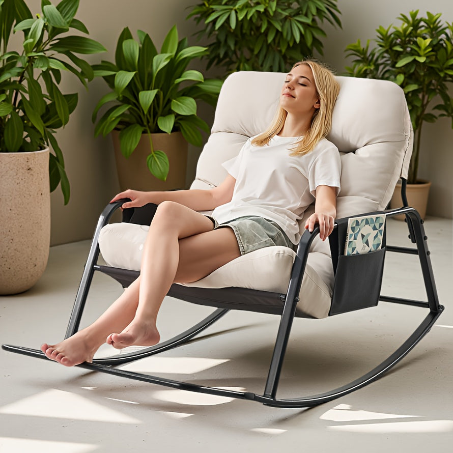 Patio Rocking Chair with Cushion in Papasan Egg Style, Grey, Beige, Khaki or Black with One or Two-Piece Options for Deck Lounging and Garden Reading