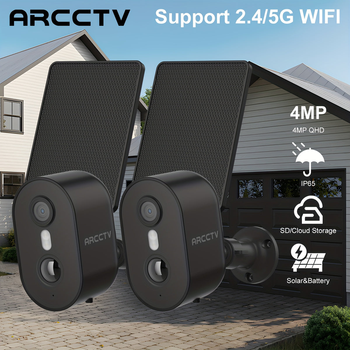 Removable Solar Panel Security Camera, 4MP Outdoor Monitor with Dual-Band WiFi, PIR Alerts, Color Night Vision and Two-Way Audio, 1/2/4/6-Pack Options