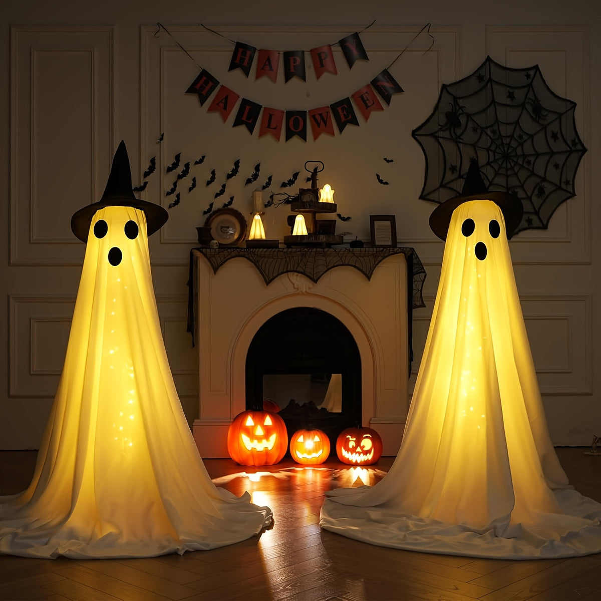 Witch Hat Ghost Decorations, Two-Piece Lighted Halloween Display Set with String Lights in White Ghost or Warm Color Options for Seasonal Home and Party Decor