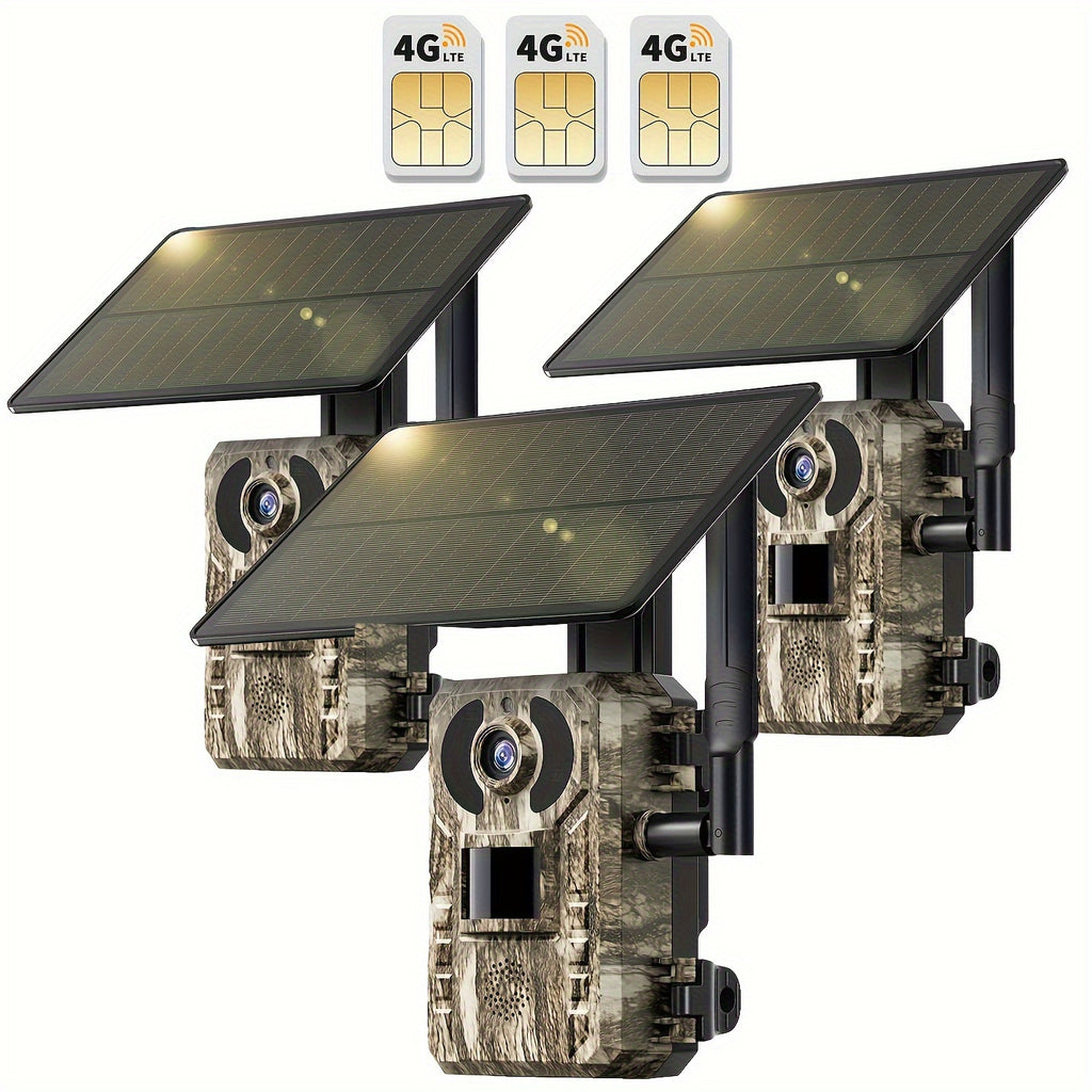 4G LTE Trail Camera with Solar Panel and SIM Card, HD Live View, 0.2s Motion Trigger and Low-Glow Night Vision for Wildlife, One to Three Camera Options