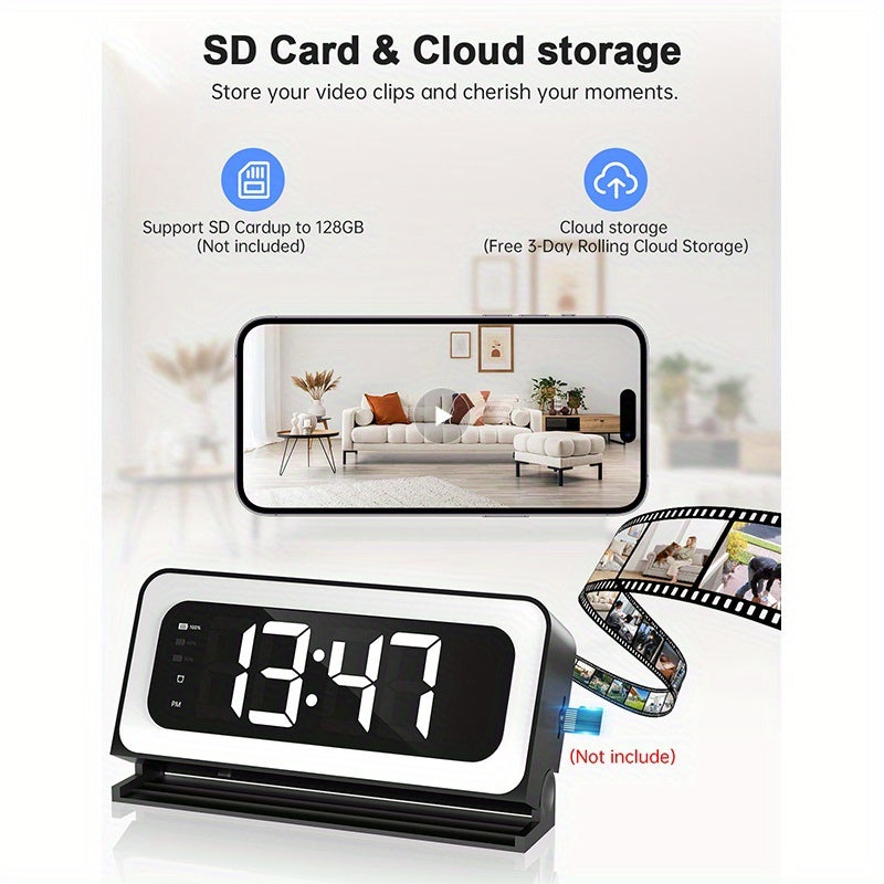 WiFi Clock Camera with 2K Video, Indoor Home Monitoring Camera with Motion Detection, Full Color Night Vision and Two-Way Talk in Ivory White