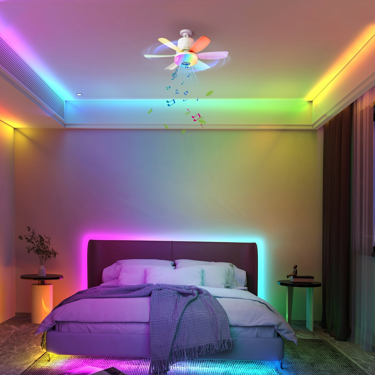 RGB Speaker Ceiling Fan Light with E26/E27 Socket Base, Remote Control, 3 Fan Speeds, Dimmable 3000K–6500K White Lighting and Music Rhythm Effects