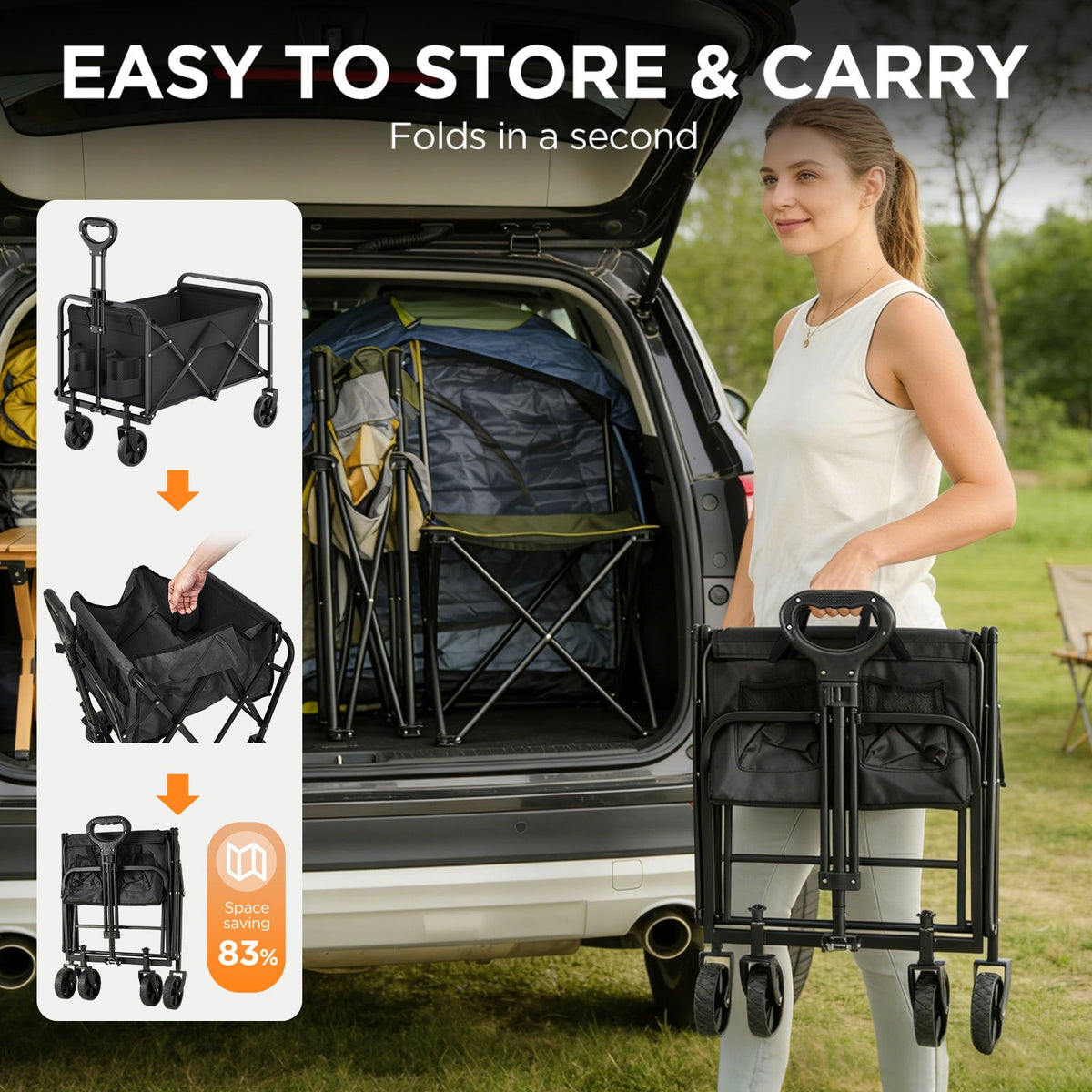 Collapsible Utility Wagon with Cup Holders and Swivel Wheels, S to XL Folding Cart Options for Groceries, Garden Supplies, Camping Gear and Beach Trips