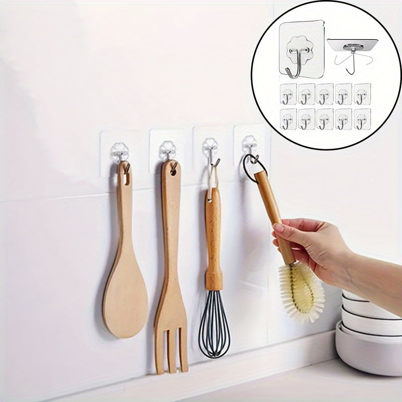 Transparent Adhesive Hooks for Kitchen and Bathroom Organization, 30-Piece Plastic Wall Hook Set with No-Drill Mounting on Compatible Surfaces