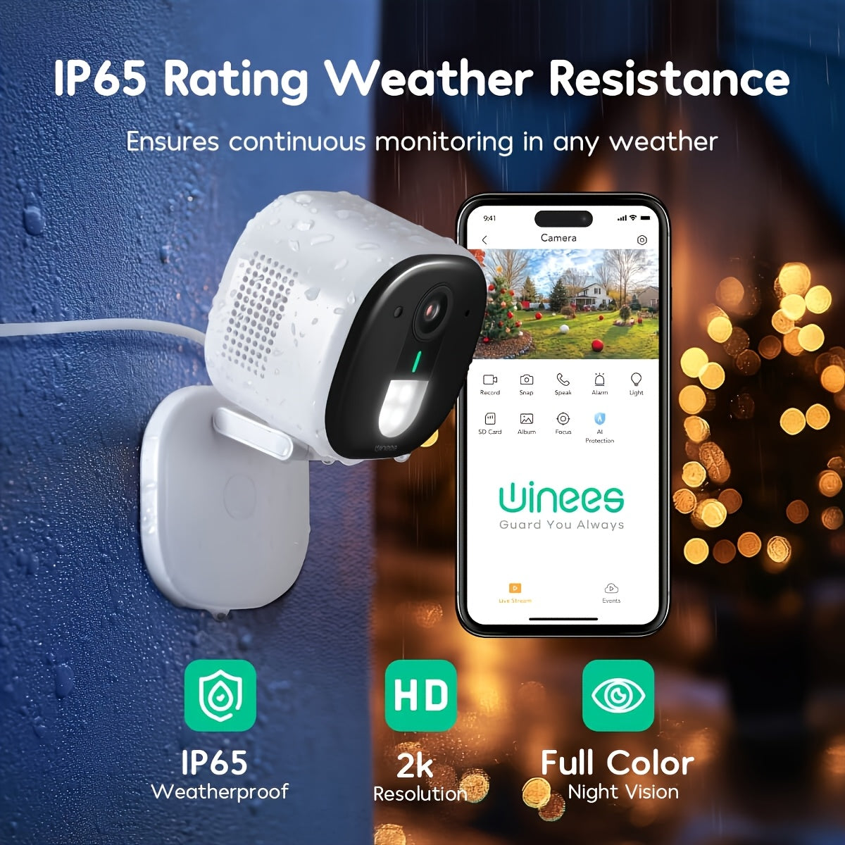 Winees Wired WiFi Security Camera with Listed 2K Video, 2.4GHz Connection, Human and Pet AI Detection, Color Night Vision and Two-Way Audio, White Options