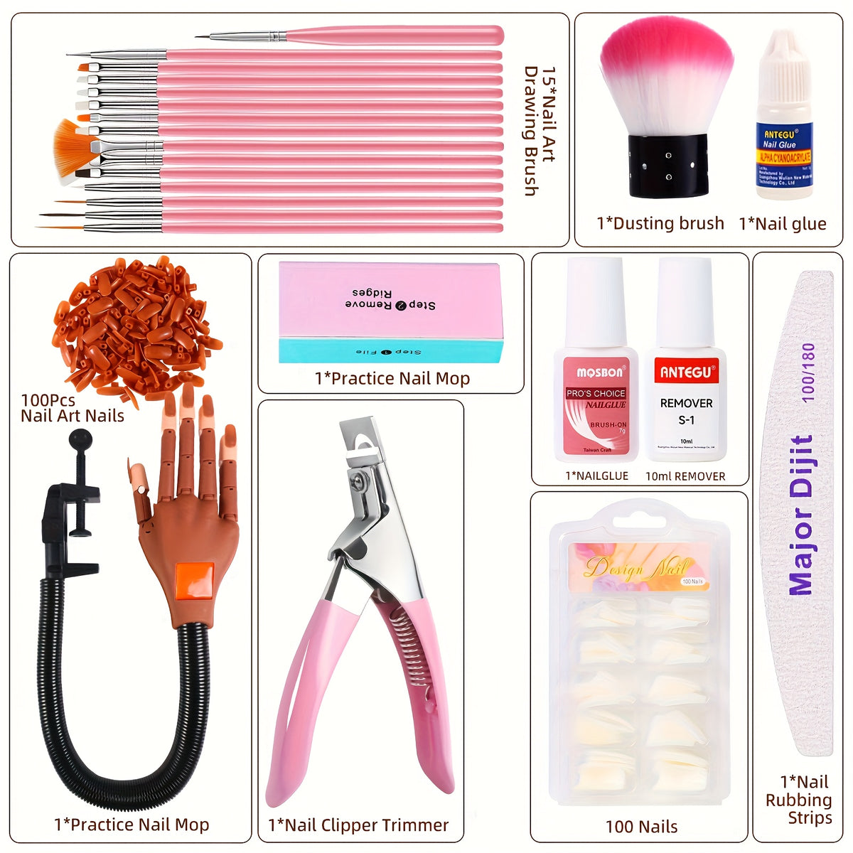 Flexible Nail Practice Hand for Acrylic Nail Training, Pink Hand Mold or Hand Model Set Options with Source-Listed Glue and Over-300g Weight Wording