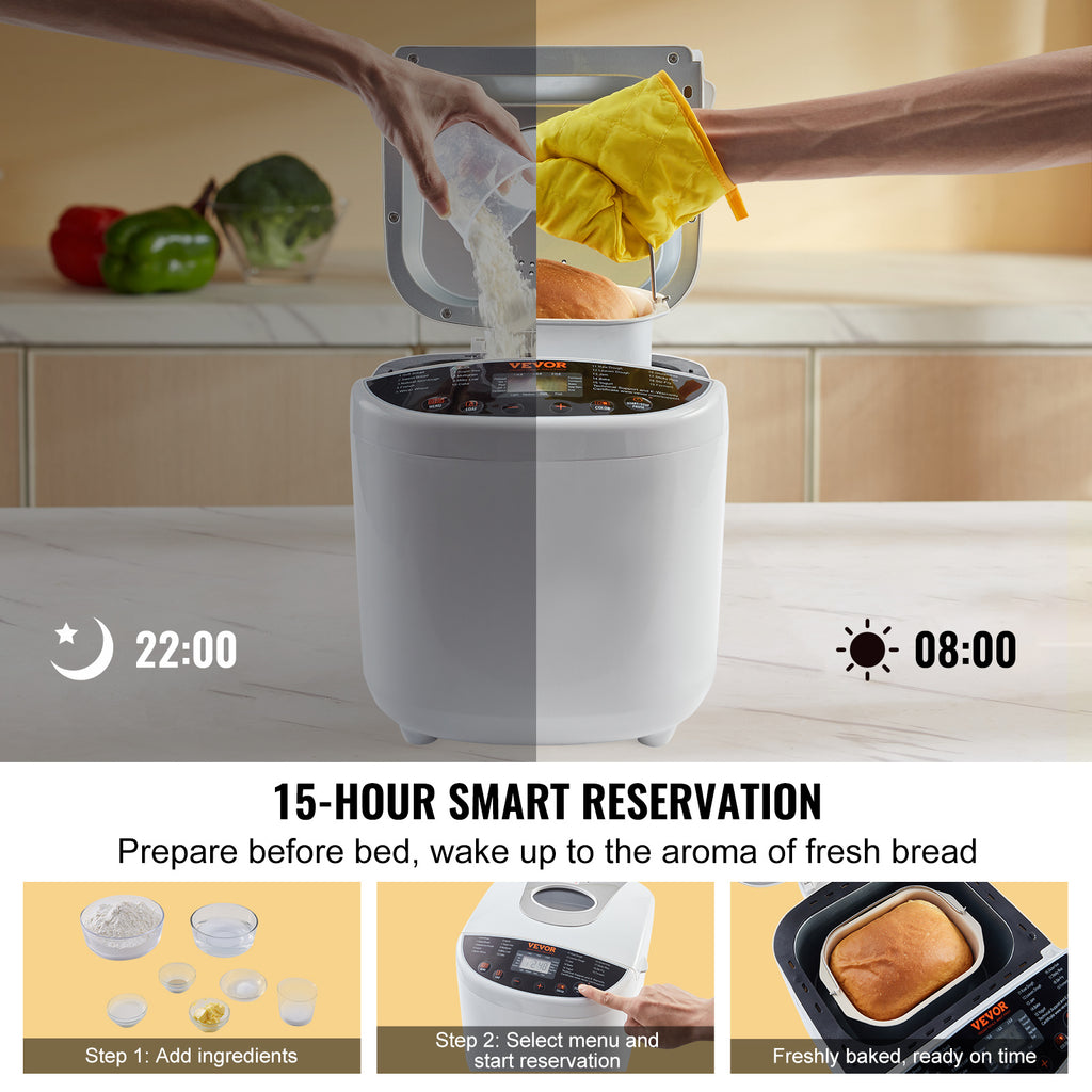 19-Program Bread Maker by VEVOR, White Automatic Bread Machine with 1, 1.5 and 2lb Loaf Sizes, Three Crust Settings, Ceramic Pan and 15-Hour Delay Start