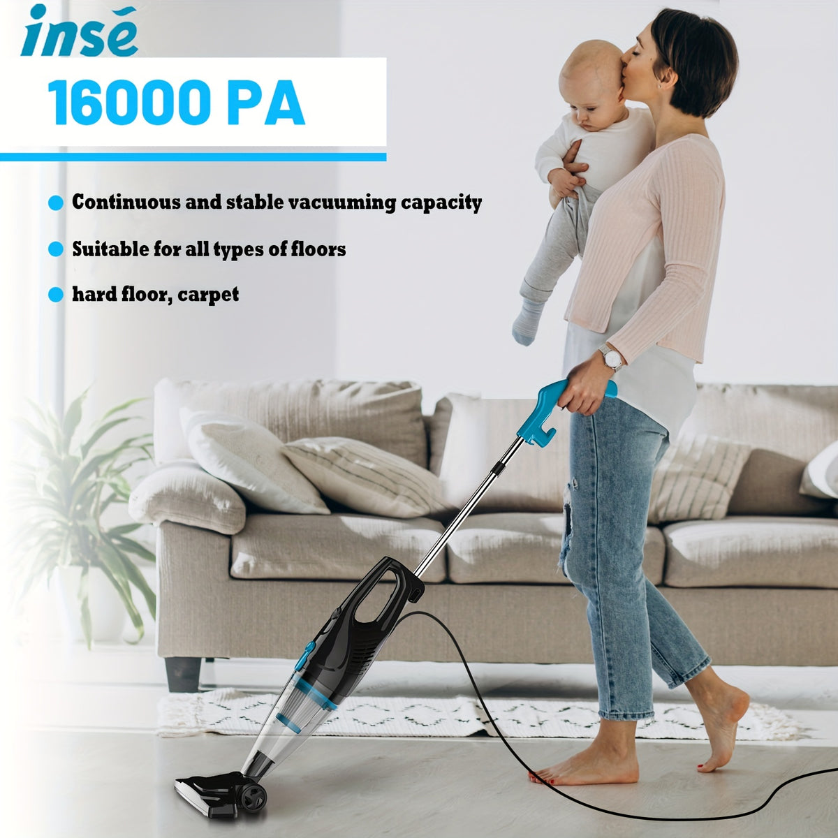 Corded Stick Vacuum Cleaner INSE R3S with Listed 400W Motor, 16kPa Suction, 3.75lb Weight and 6m Cord for Hardwood Floors, Low-Pile Carpet and Pet Hair