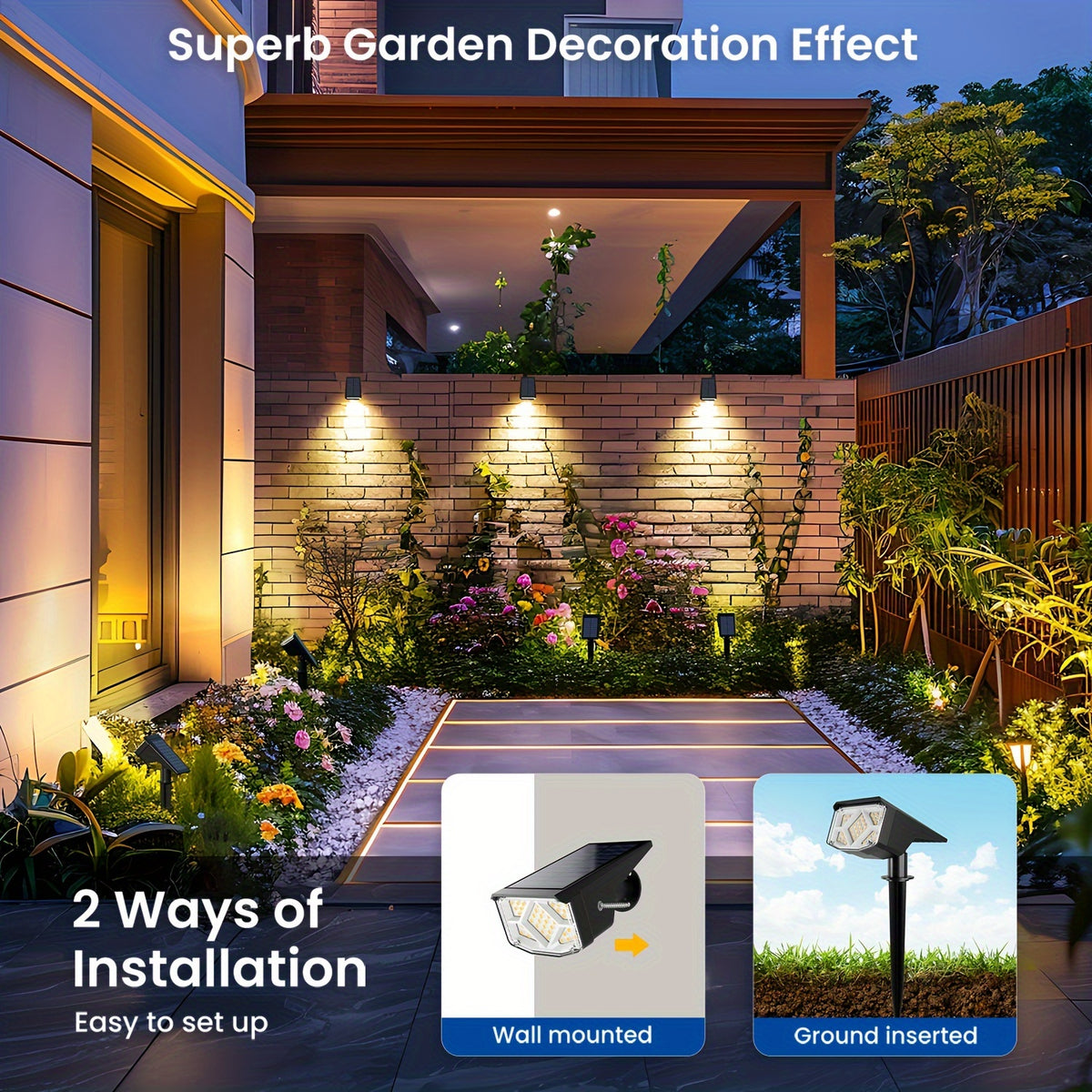 Solar Landscape Spotlights in Warm or Cool White, 4, 6 or 10 Pack Garden Accent Lights with Listed 38 LEDs and Three Modes for Pathway and Holiday Decor