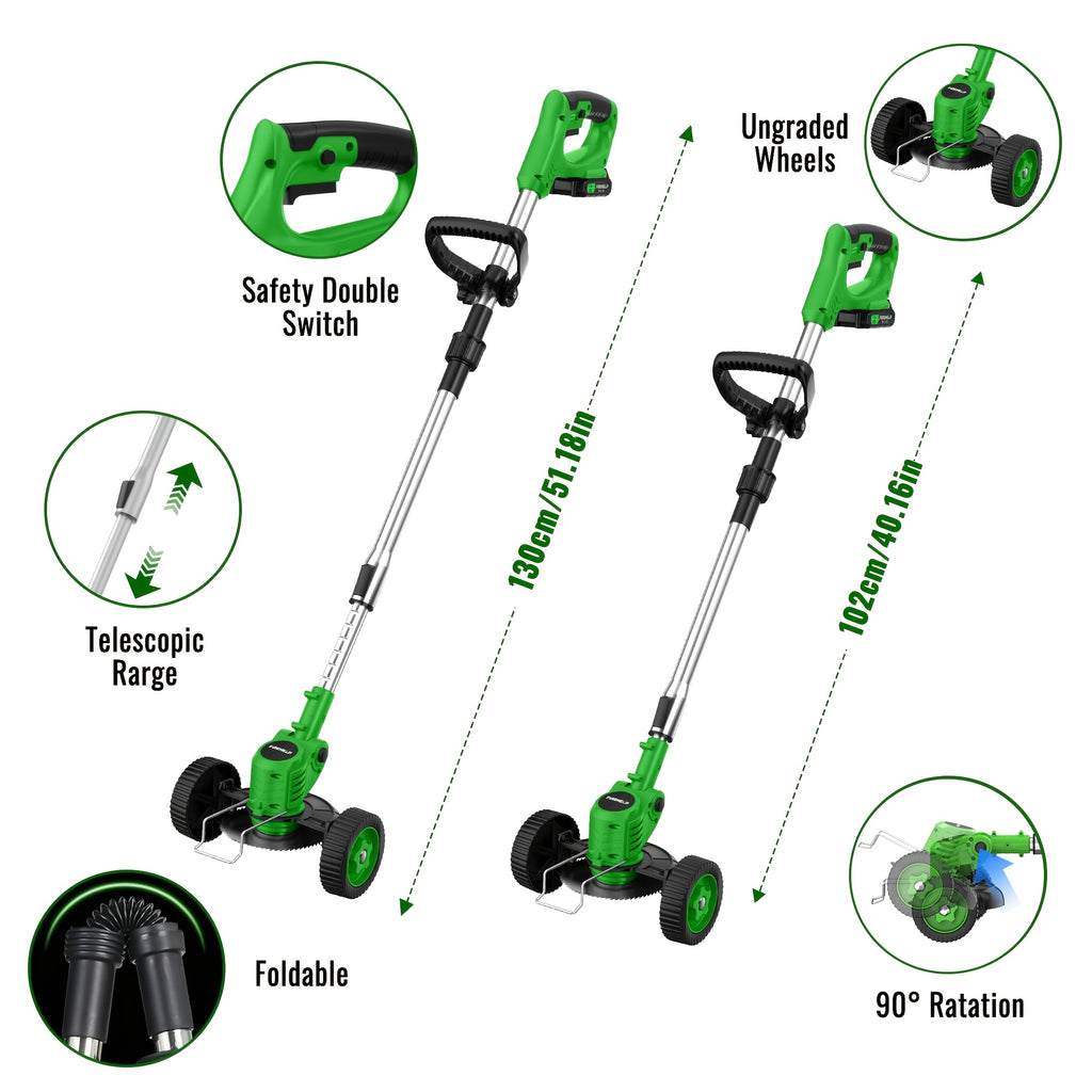 Foldable Cordless Lawn Trimmer with Listed Rotating Edging Function, Single-Battery Blade Option or Upgraded Two-Battery Blade and Wheel Kits for Small Yard Care