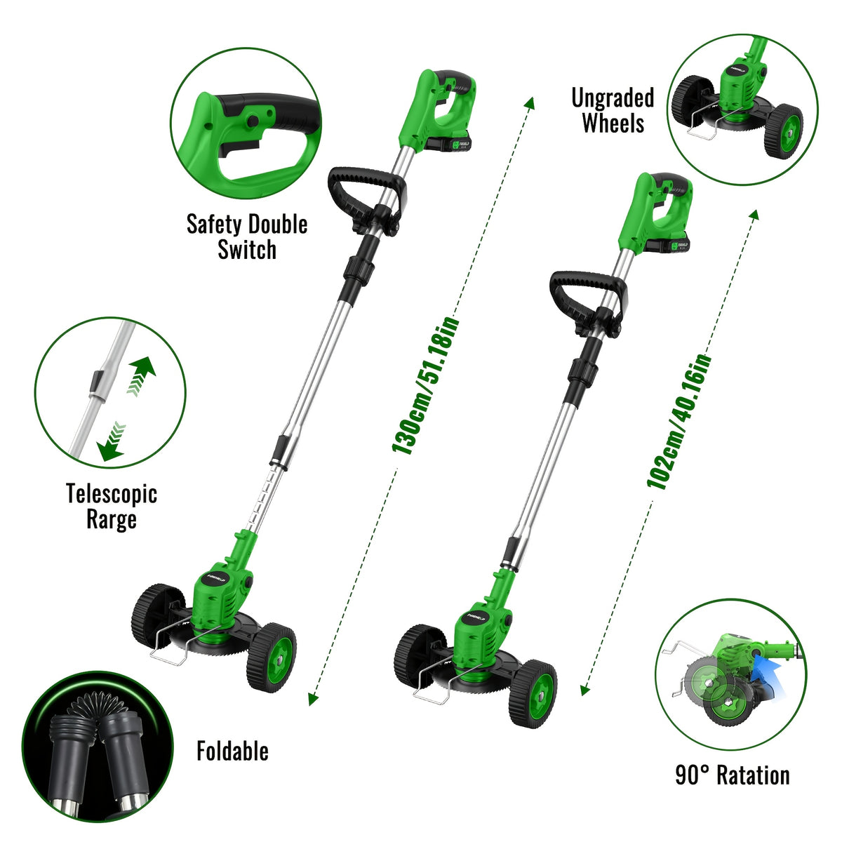 Foldable Cordless Lawn Trimmer with Listed Rotating Edging Function, Single-Battery Blade Option or Upgraded Two-Battery Blade and Wheel Kits for Small Yard Care