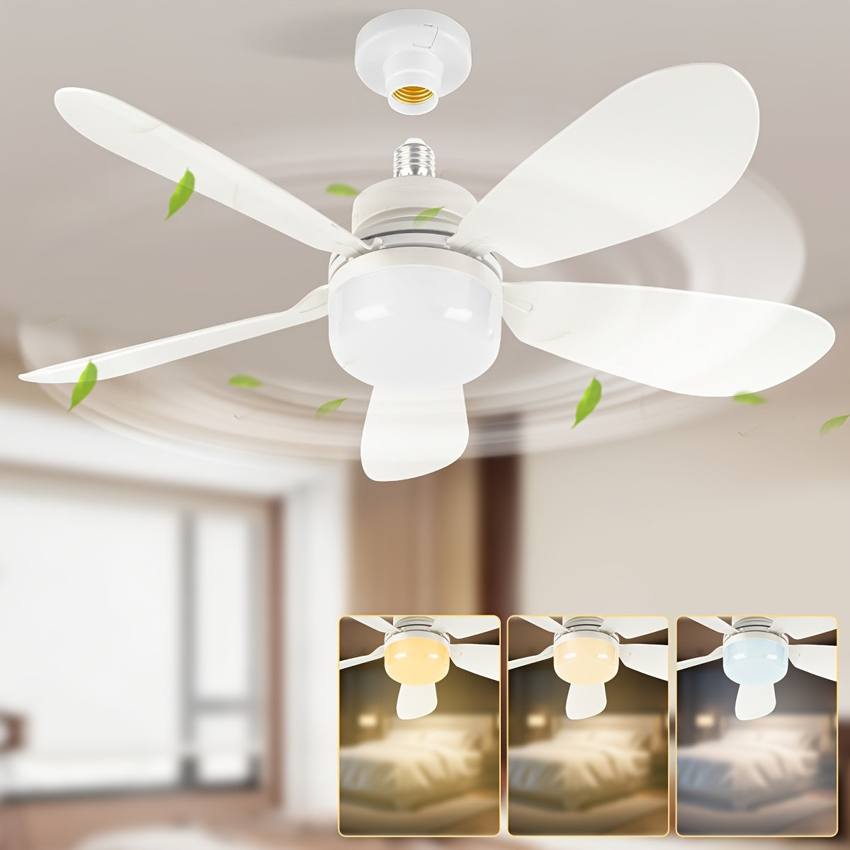 E26 Screw-In Fan Light with Remote, 20.5-Inch Dimmable LED Ceiling Fan in White, Black or Wood Grain for Compatible Bedroom, Kitchen and Garage Fixtures